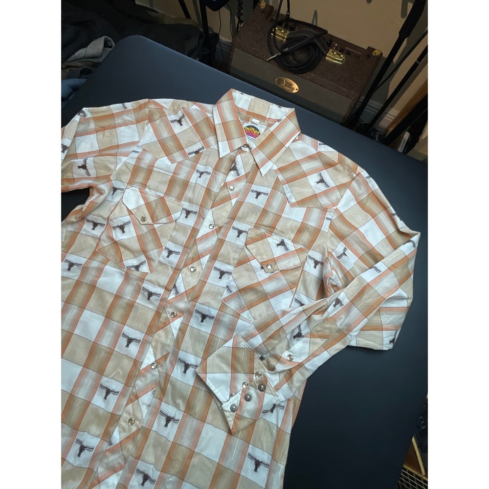 Miller Western Wear Mens 15.5-33 Tan Orange Plaid Longhorn Steer Pearl Snap